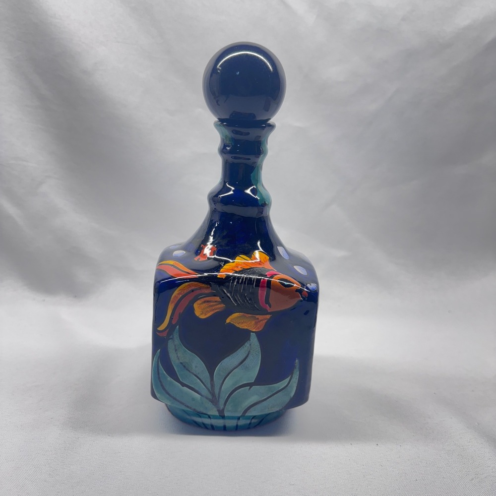 Mora Pottery Decanter Unisex OS Blue Hand Painted Fish Mexican Folk Art Coastal